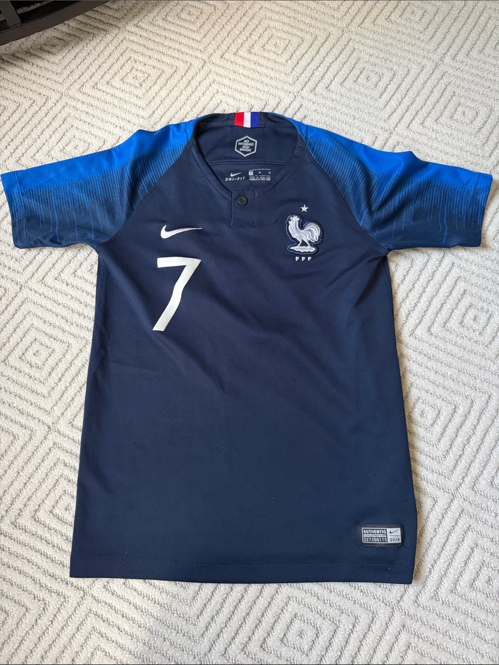 Nike Kids Navy and Blue France Soccer Jersey with Number 7